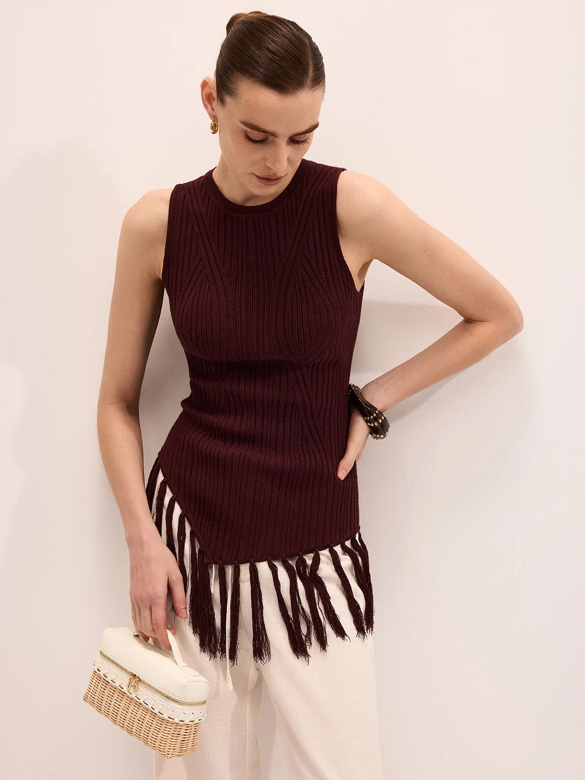 Sleeveless Fringe Hem Ribbed Knit Top sold by COMMENSE product image thumbnail 4