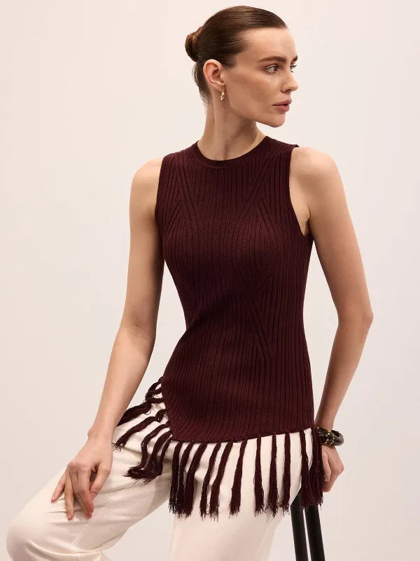 Sleeveless Fringe Hem Ribbed Knit Top made by COMMENSE