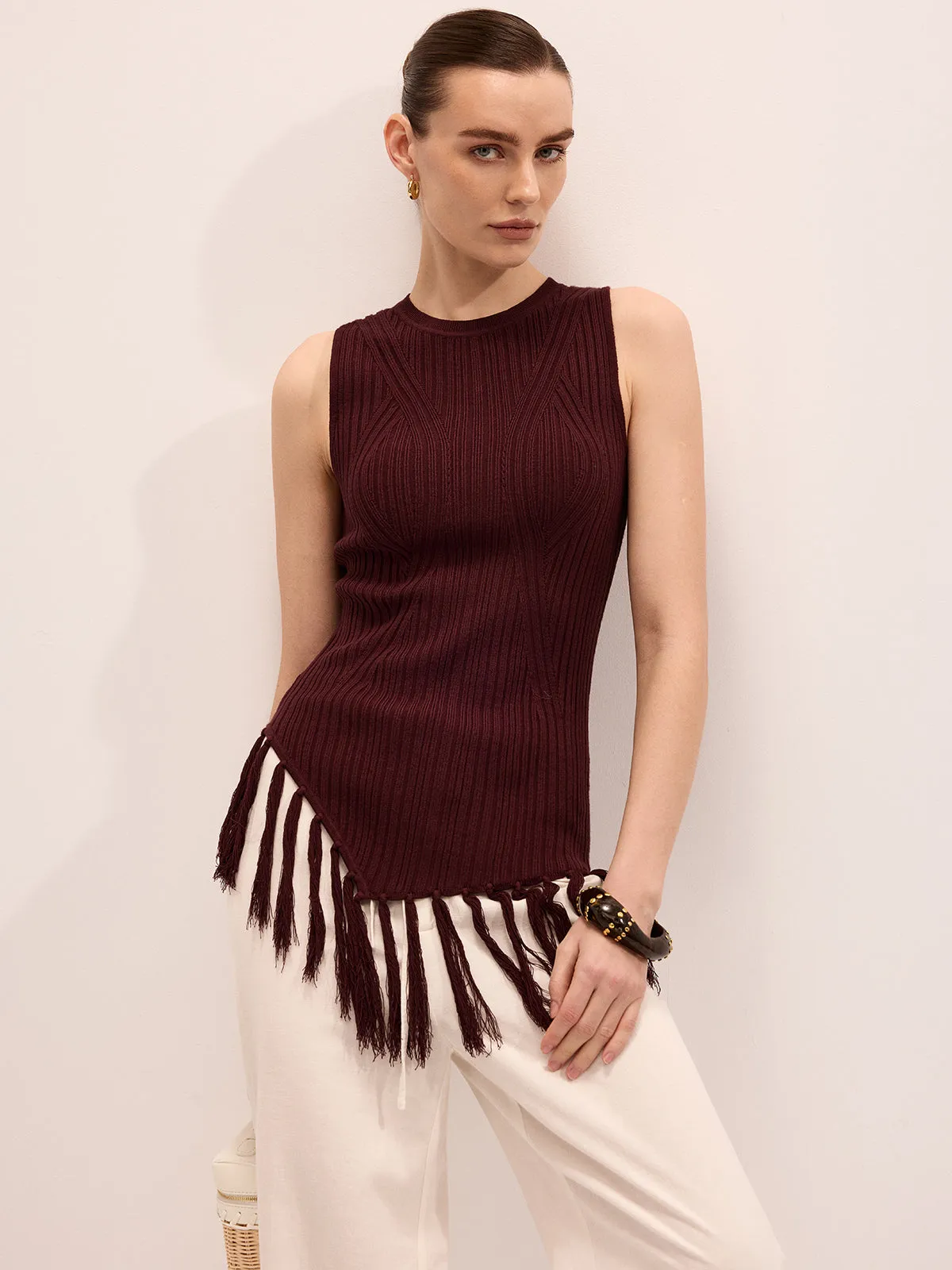 Sleeveless Fringe Hem Ribbed Knit Top sold by COMMENSE product image thumbnail 5