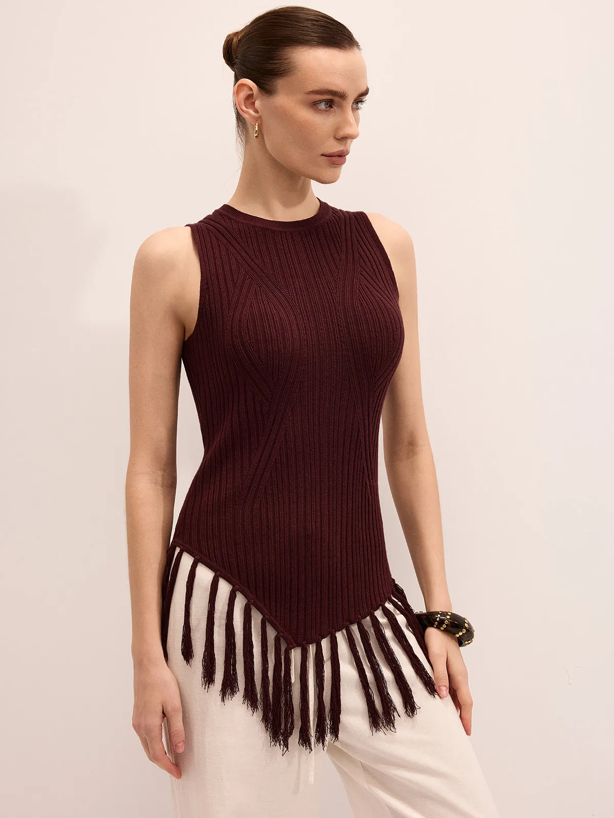 Sleeveless Fringe Hem Ribbed Knit Top sold by COMMENSE product image thumbnail 2