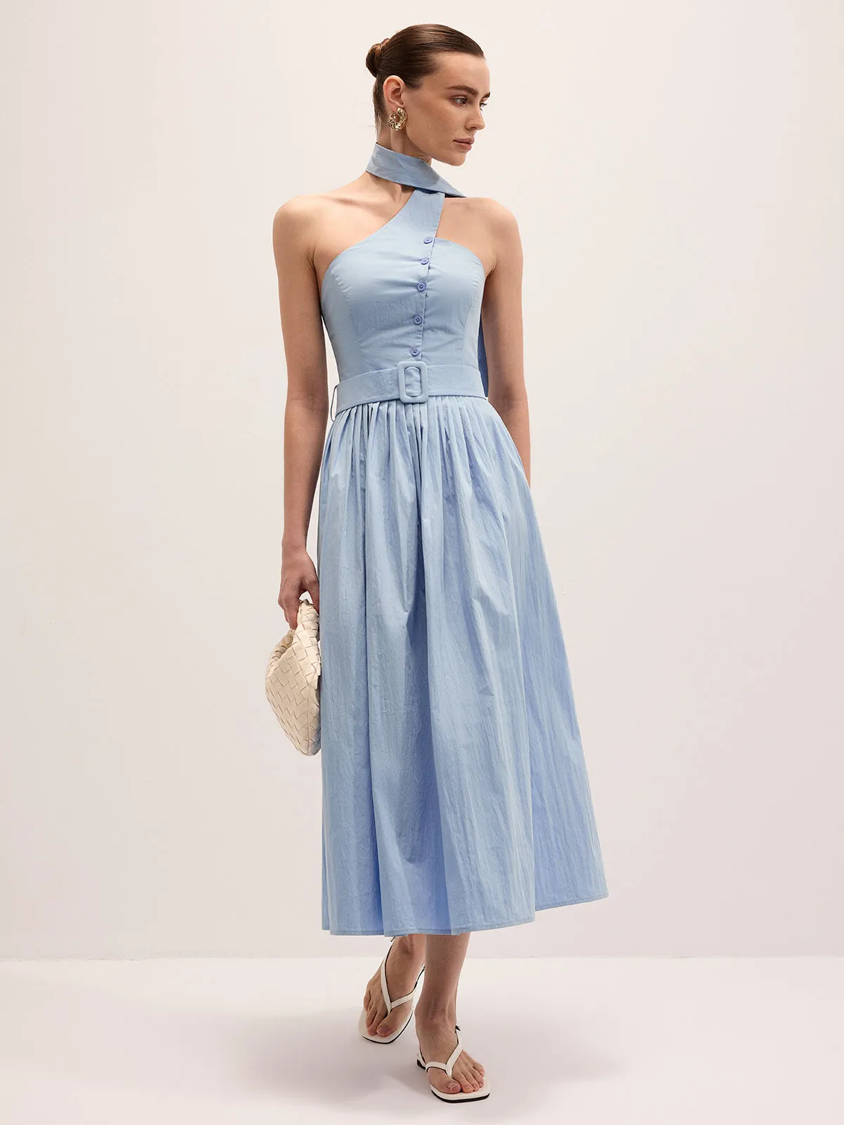 Halter Neck Cotton Blend Belted Maxi Dress sold by COMMENSE product image thumbnail 4