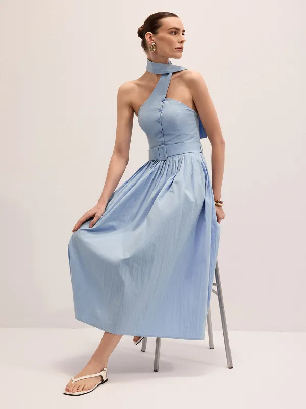 Halter Neck Cotton Blend Belted Maxi Dress made by COMMENSE