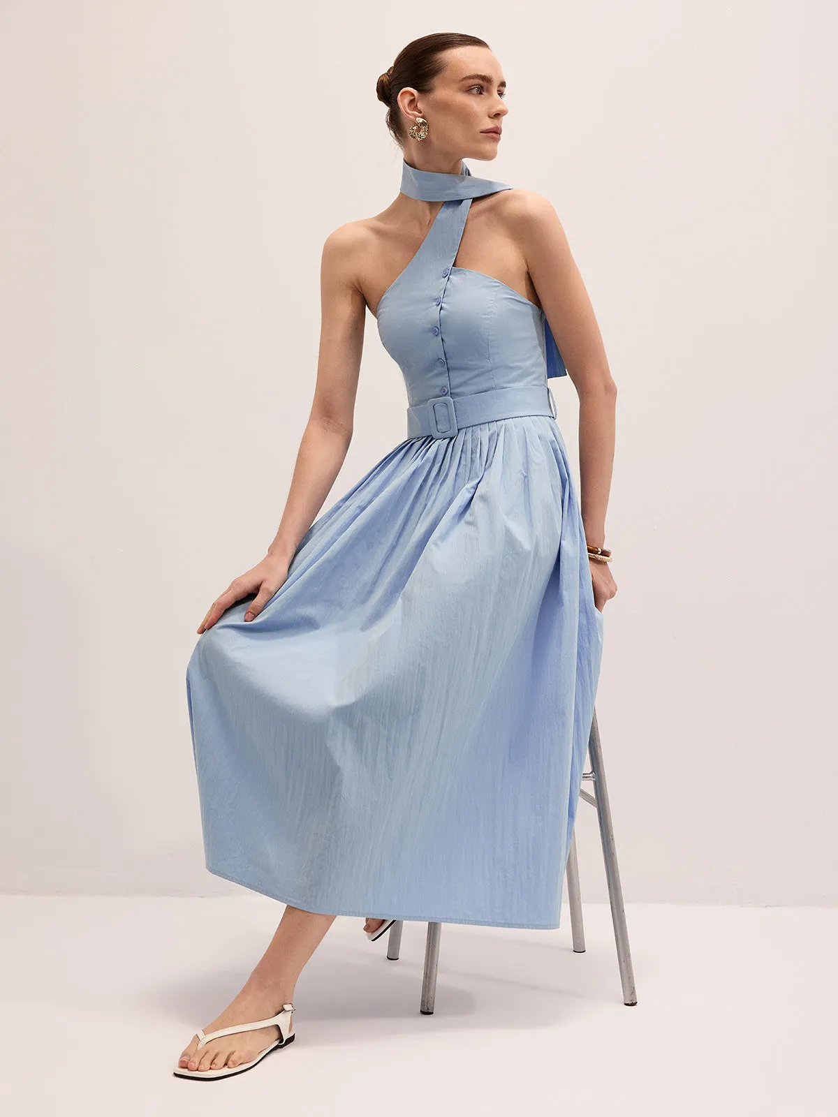 Halter Neck Cotton Blend Belted Maxi Dress sold by COMMENSE