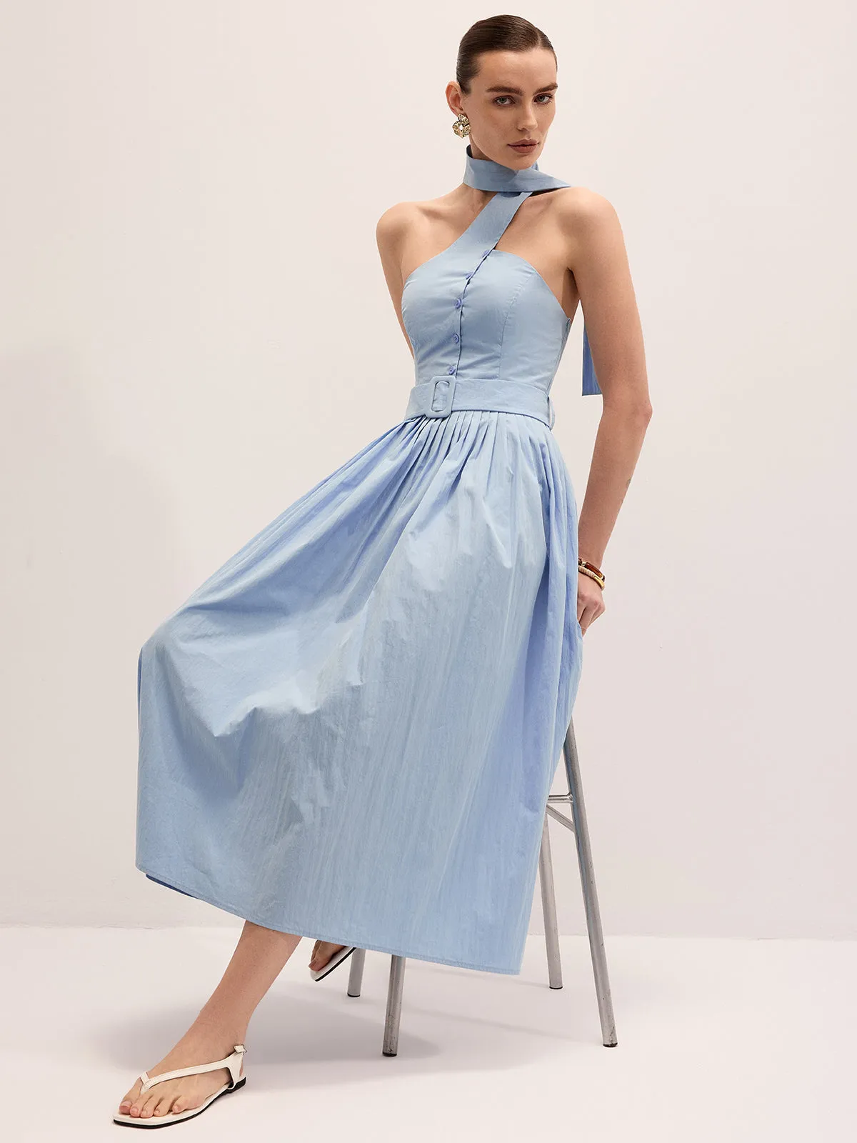 Halter Neck Cotton Blend Belted Maxi Dress sold by COMMENSE product image thumbnail 5