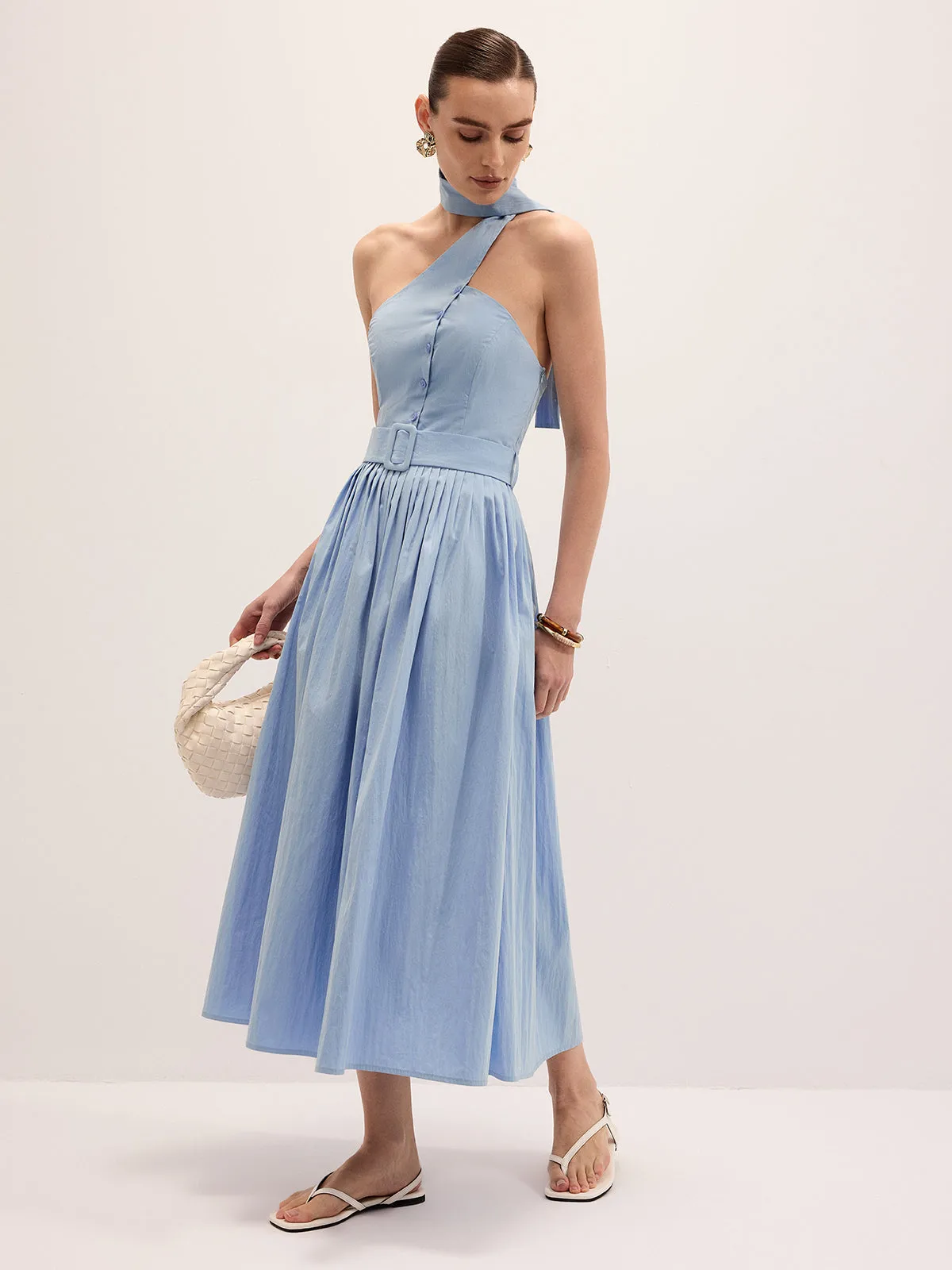 Halter Neck Cotton Blend Belted Maxi Dress sold by COMMENSE product image thumbnail 2