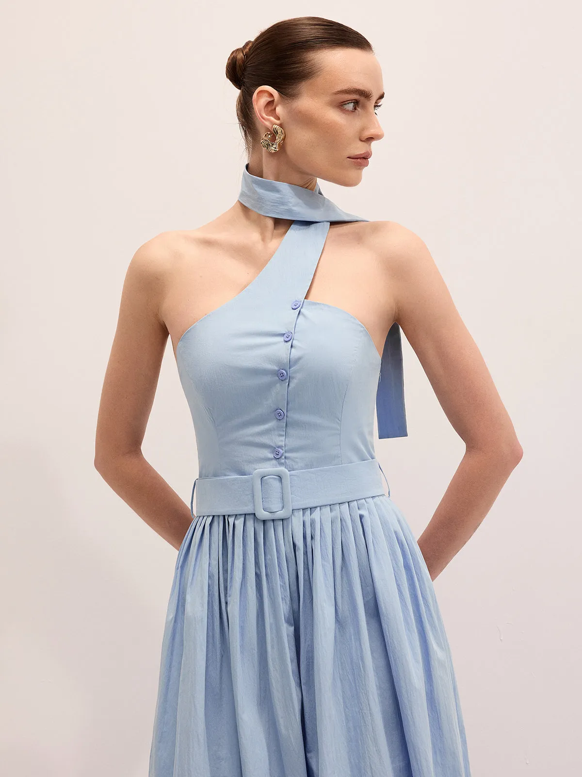 Halter Neck Cotton Blend Belted Maxi Dress sold by COMMENSE product image thumbnail 3