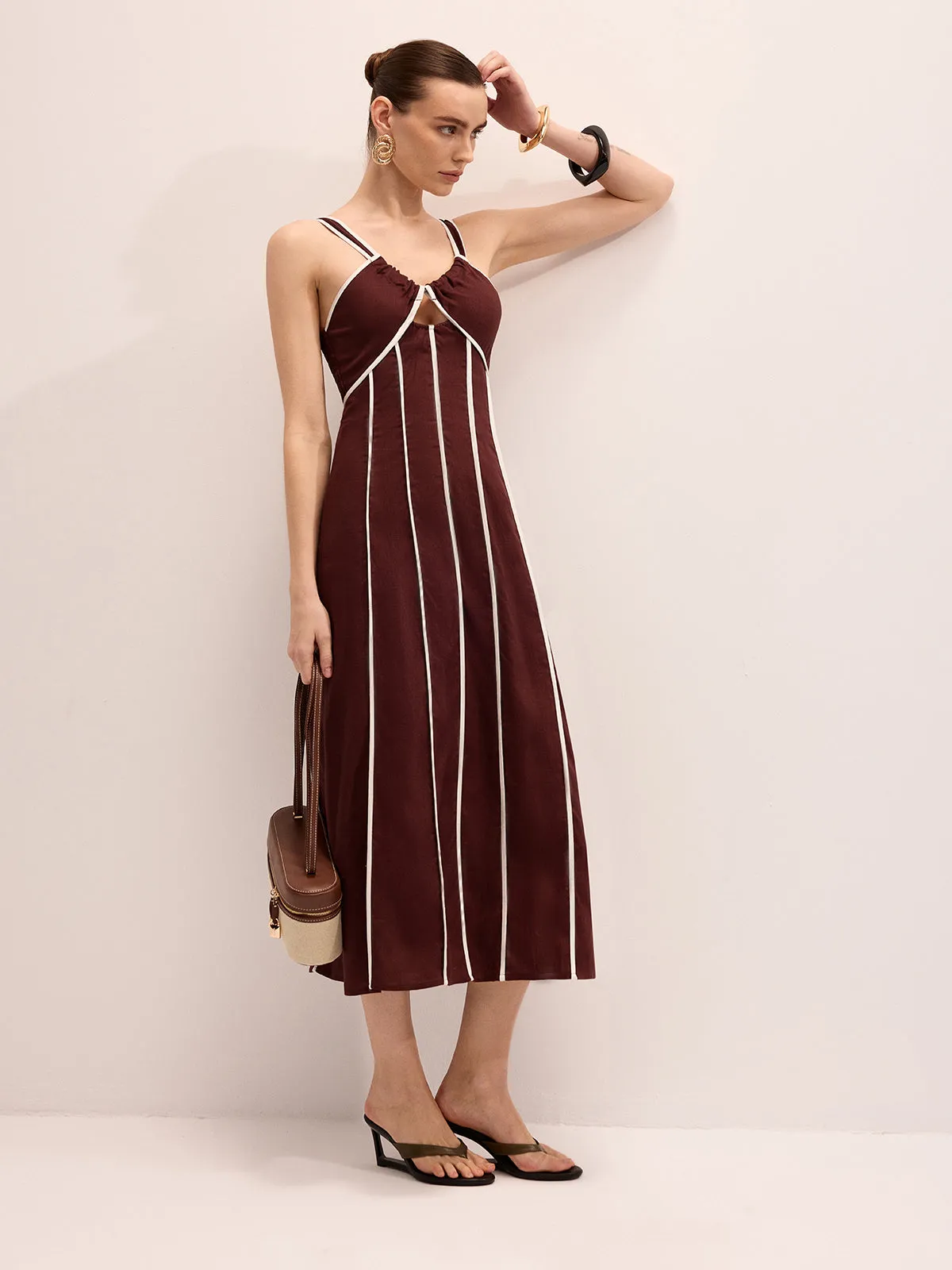 Linen Blend Striped Cami Midi Dress sold by COMMENSE product image thumbnail 3