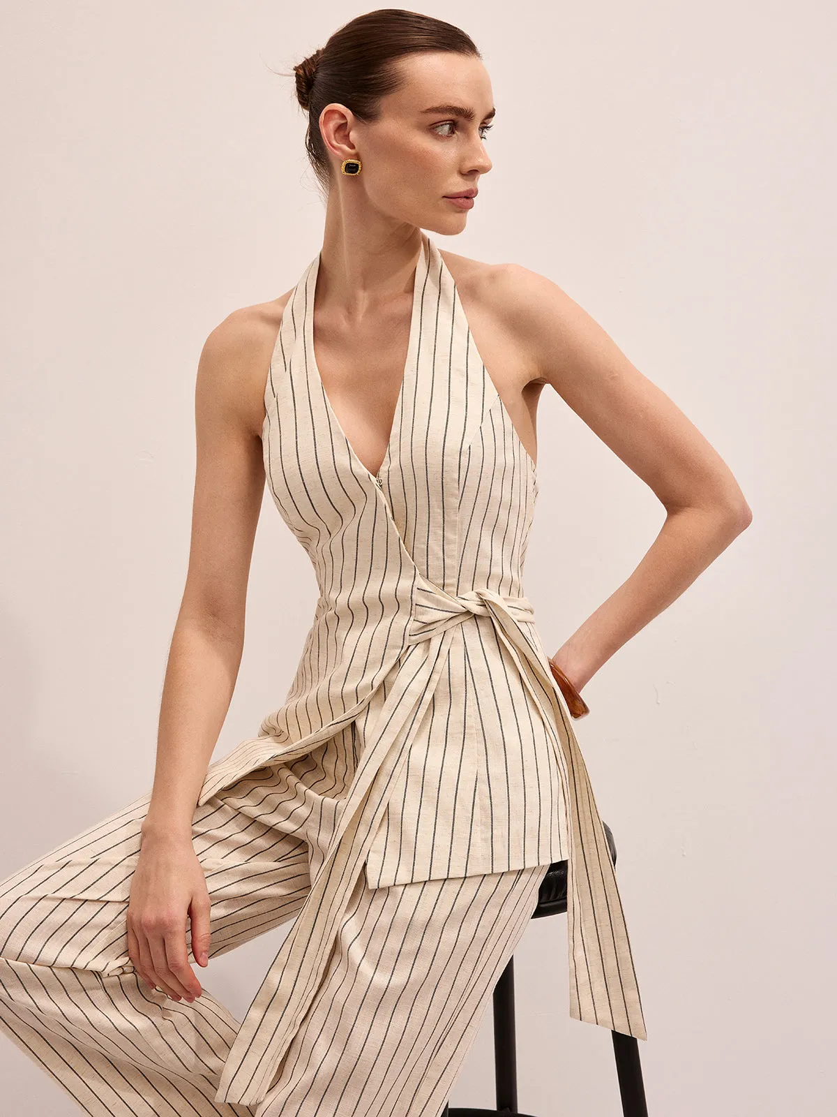 Striped Cotton Linen Halter Vest & Pants Set sold by COMMENSE product image thumbnail 2