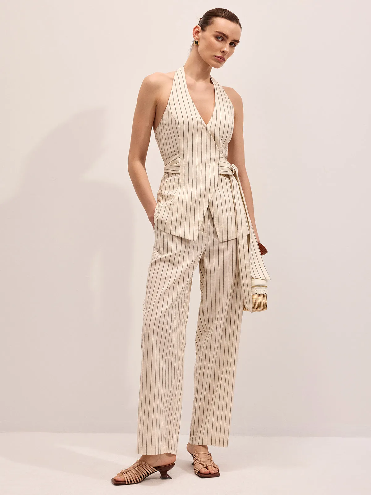 Striped Cotton Linen Halter Vest & Pants Set sold by COMMENSE