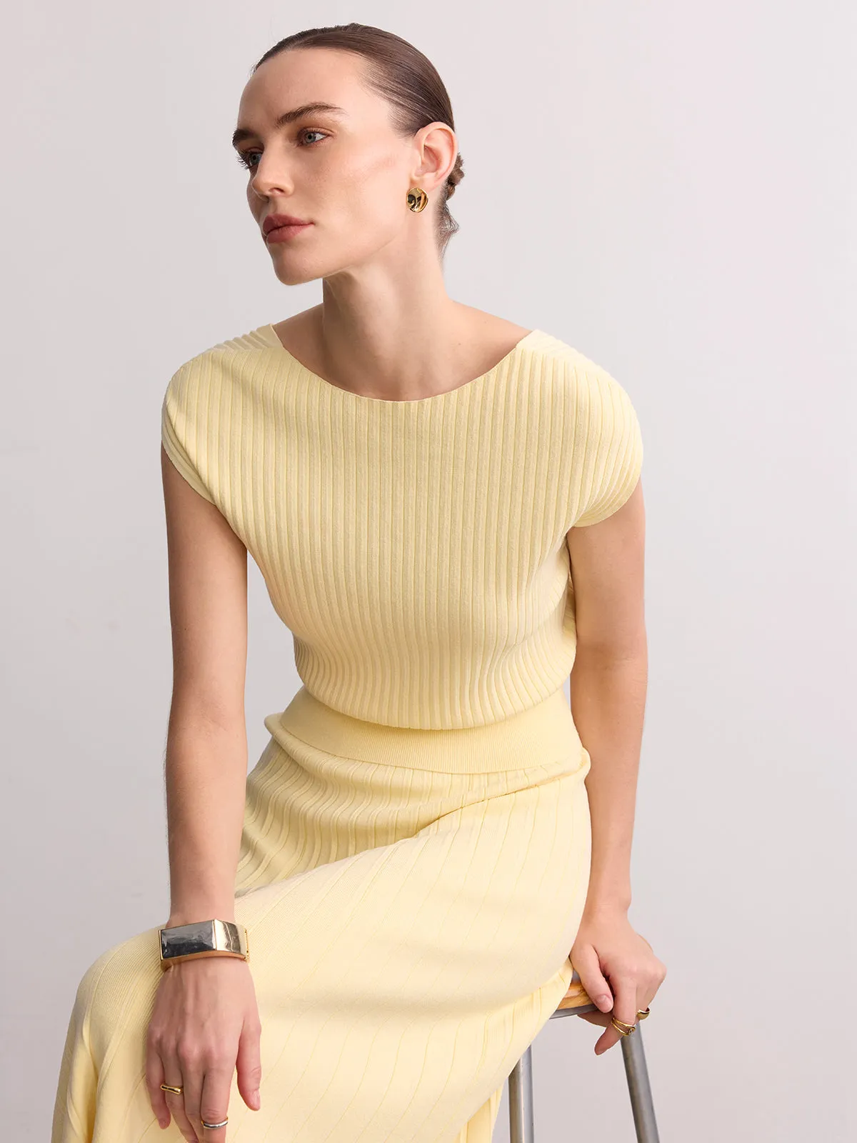 Cap Sleeve Ribbed Knit Top sold by COMMENSE