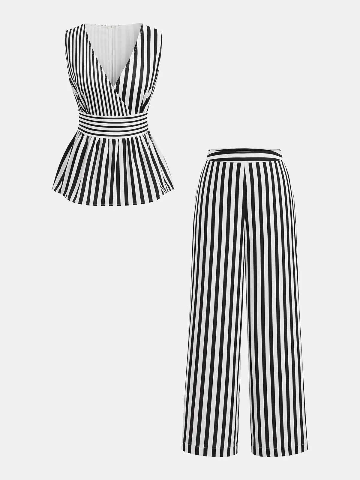 Striped Sleeveless Peplum Top & Pants Set sold by COMMENSE product image thumbnail 2