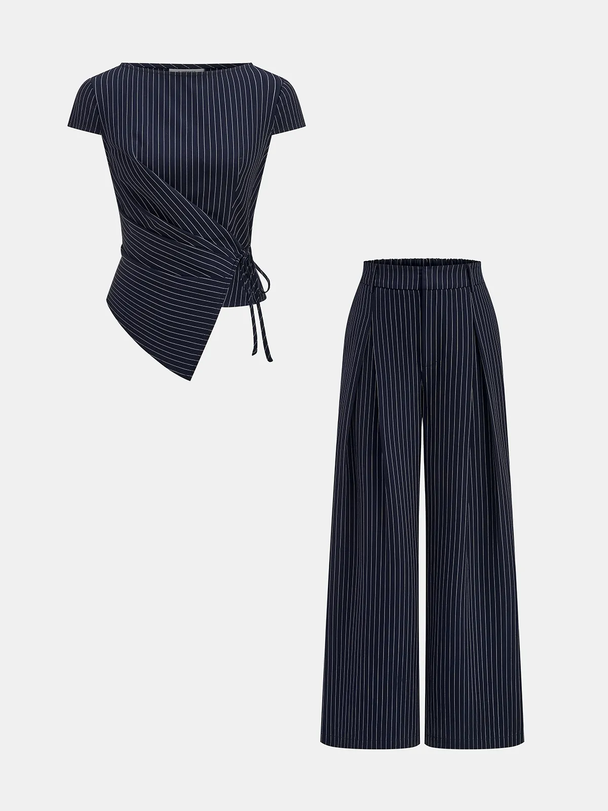 Pinstripe Wrap Tie Top & Pants Set sold by COMMENSE