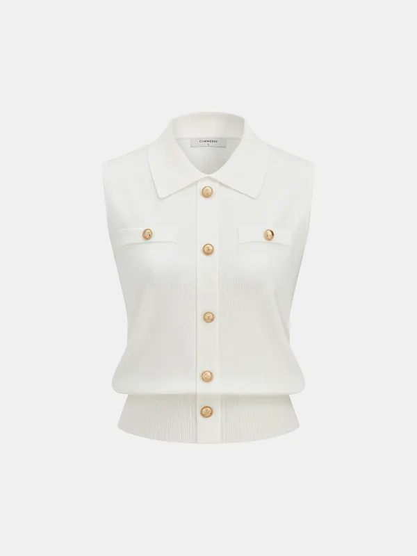 Metal Button Collared Sleeveless Knit Top made by COMMENSE
