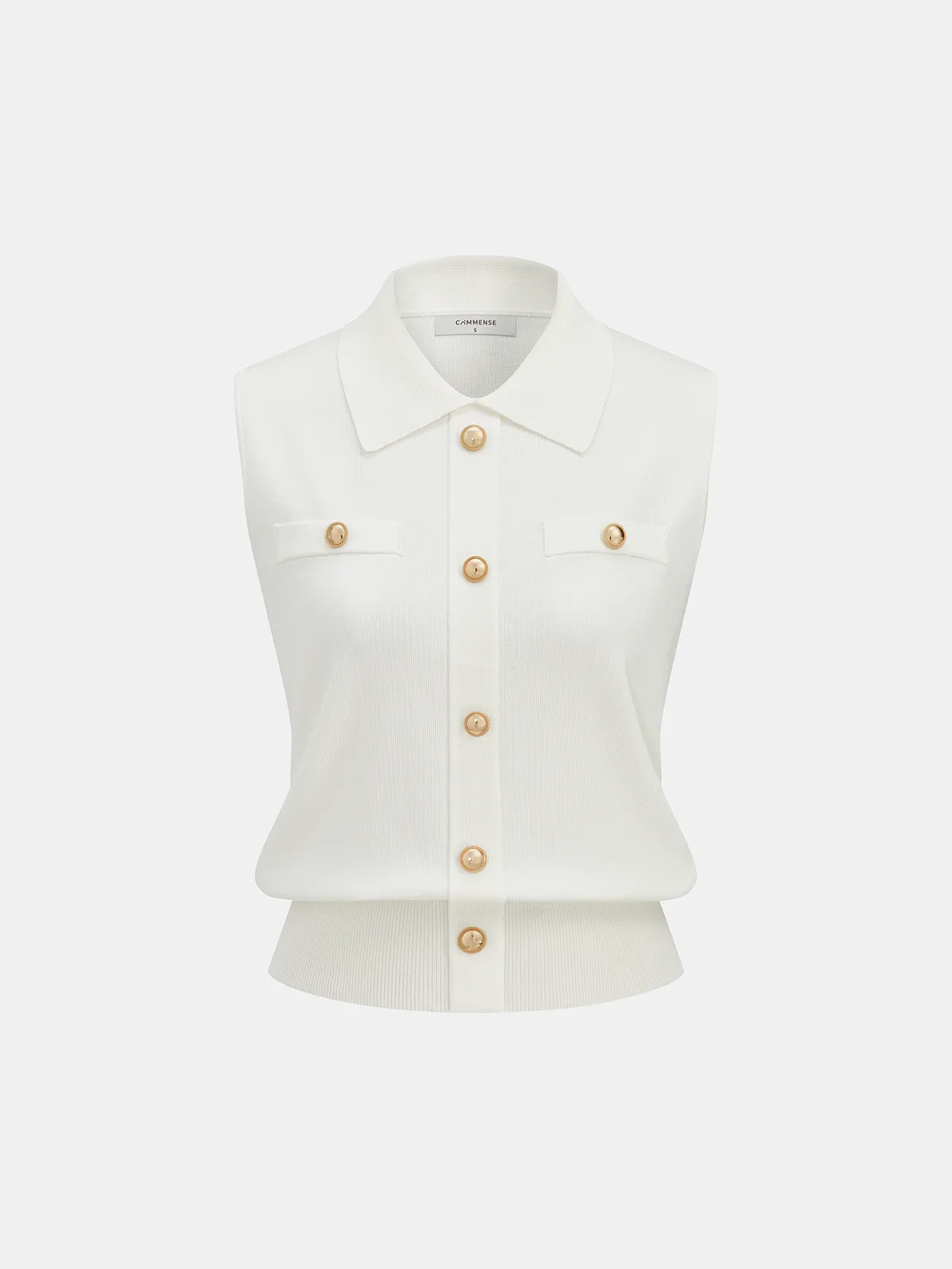 Metal Button Collared Sleeveless Knit Top sold by COMMENSE