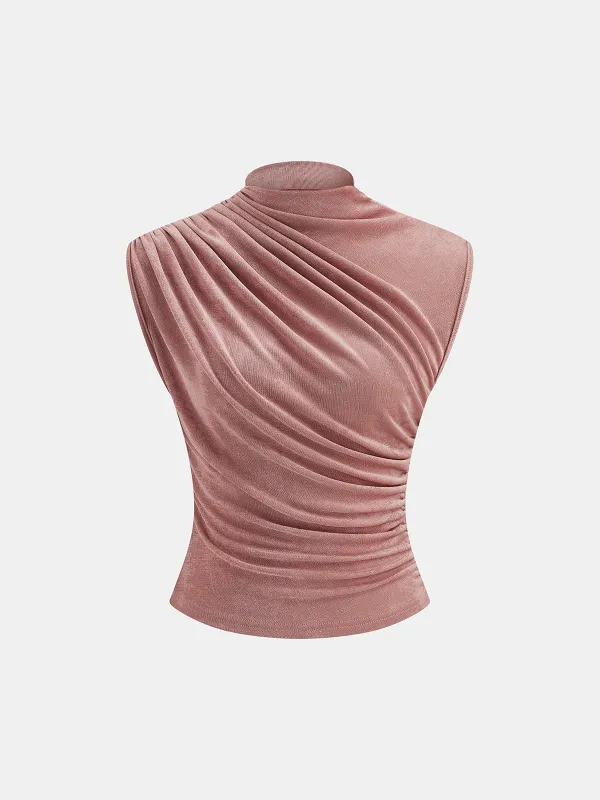 Ruched Mock Neck Fitted Tank Top made by COMMENSE