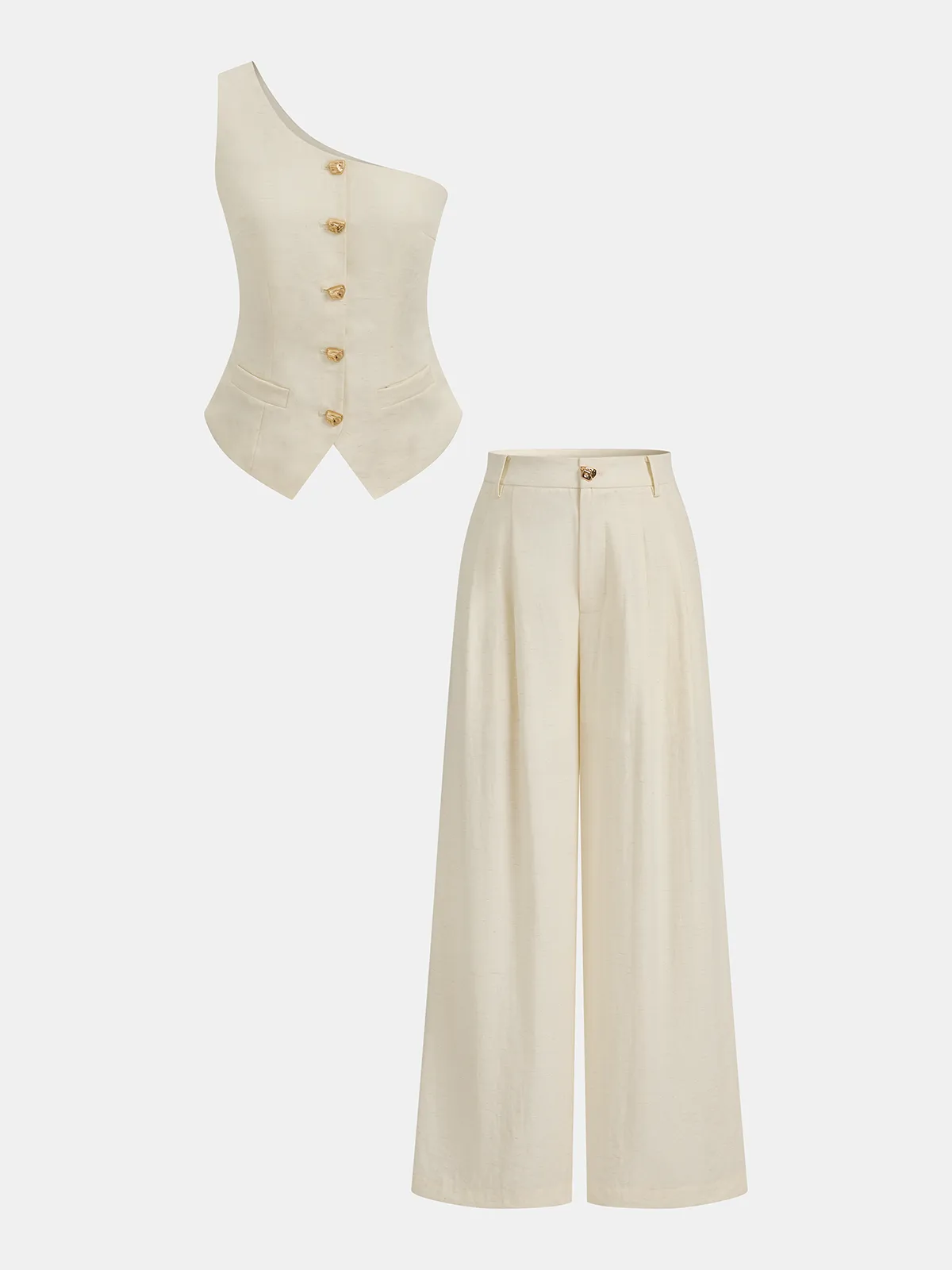 One Shoulder Metal Button Vest & Pants Set sold by COMMENSE