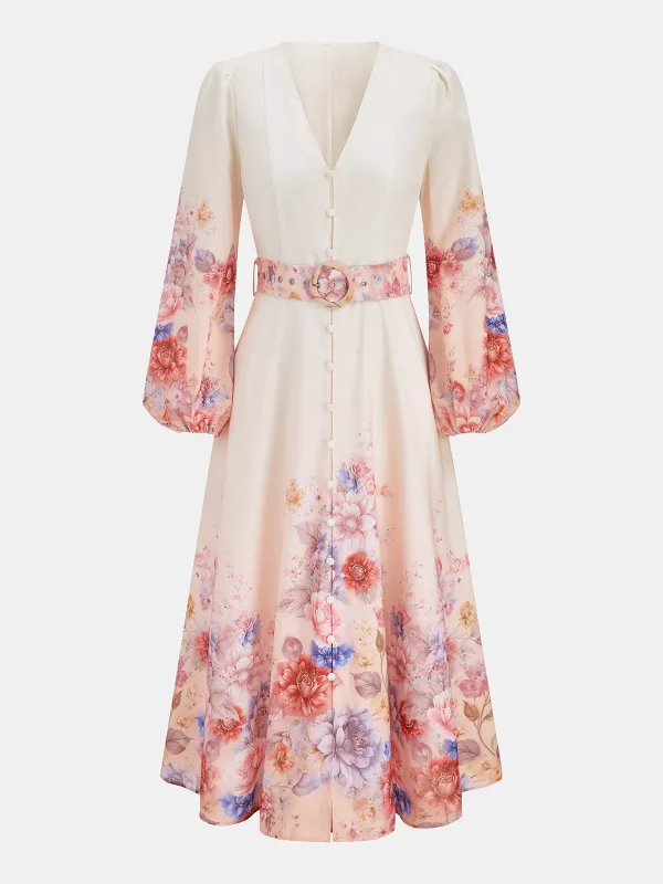 Floral Printed Long Sleeve Belted Maxi Dress made by COMMENSE