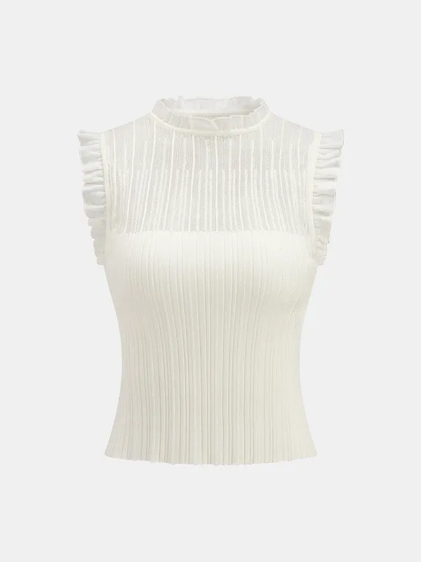 Ruffled Wool Blend Sheer Ribbed Knit Top made by COMMENSE