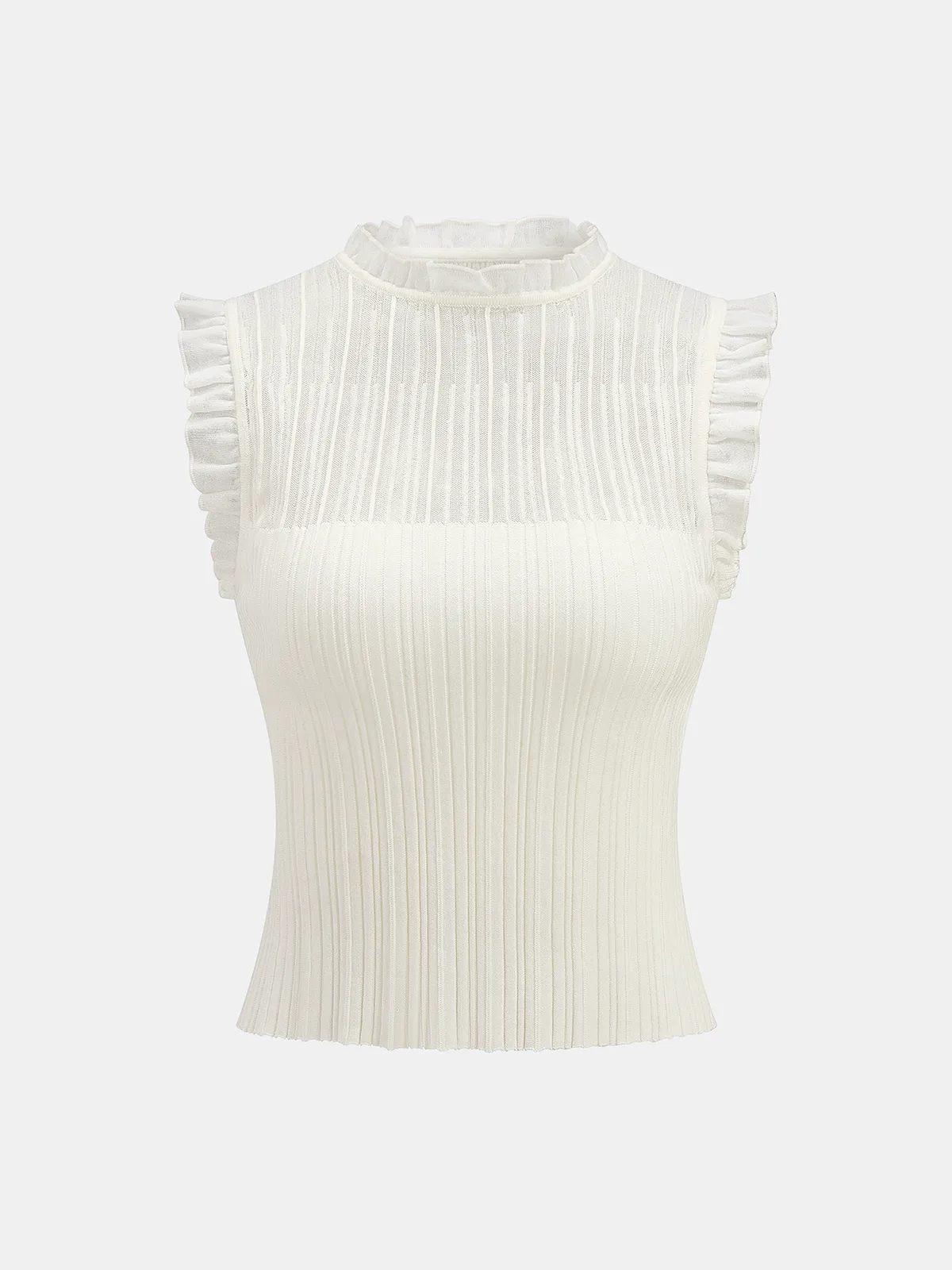 Ruffled Wool Blend Sheer Ribbed Knit Top sold by COMMENSE