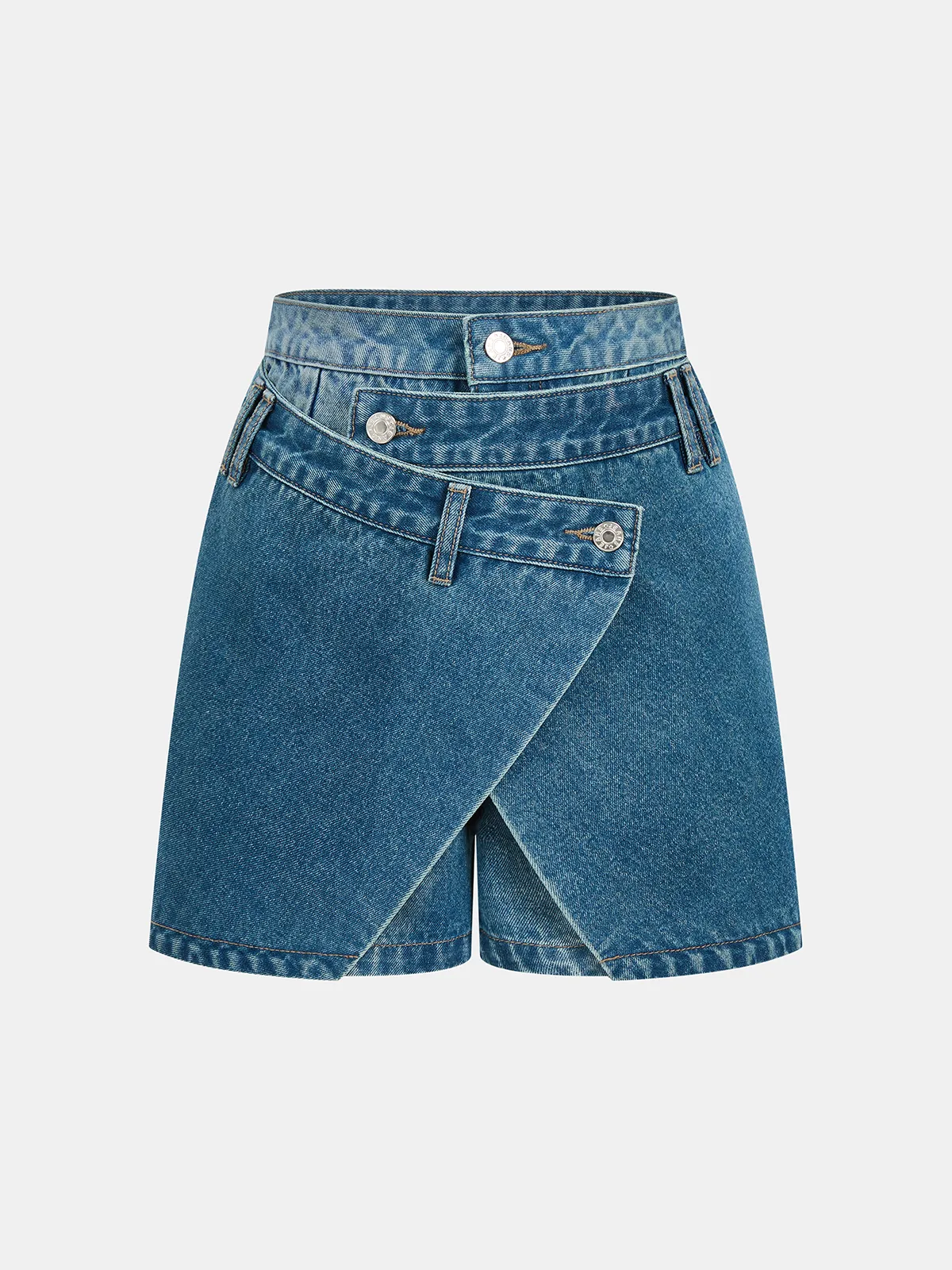Layered Waistband Asymmetric Denim Skort sold by COMMENSE