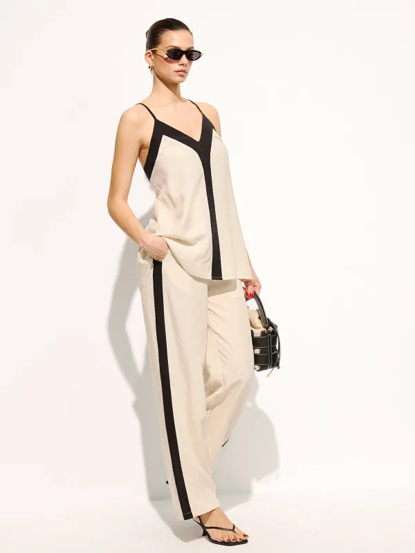 Cotton Linen Contrast Trim Cami Top & Pants Set made by COMMENSE