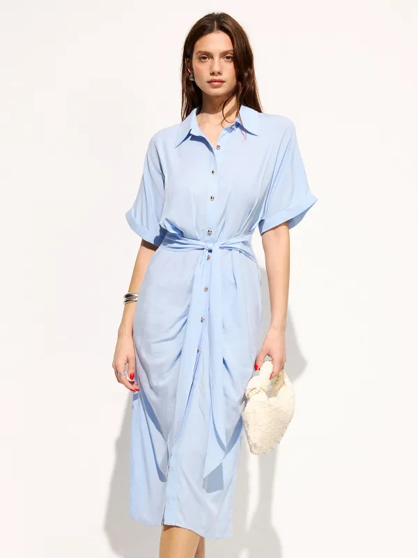 Tie-Waist Short Sleeve Maxi Shirt Dress made by COMMENSE