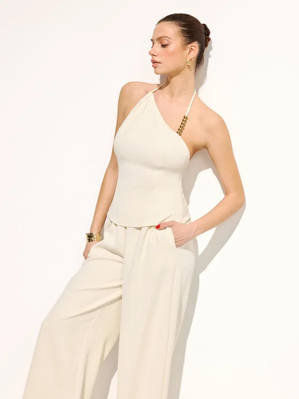 Bead Detail Asymmetric Halter Top & Pants Set made by COMMENSE