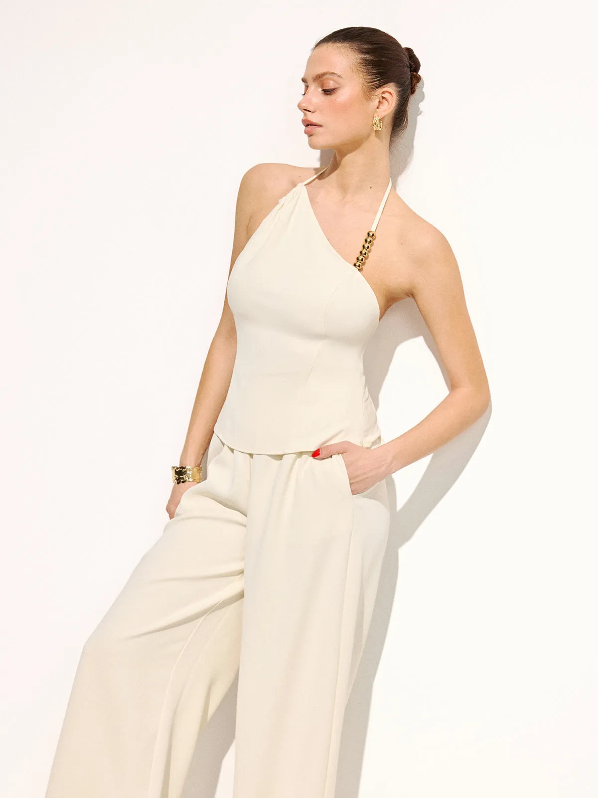Bead Detail Asymmetric Halter Top & Pants Set sold by COMMENSE