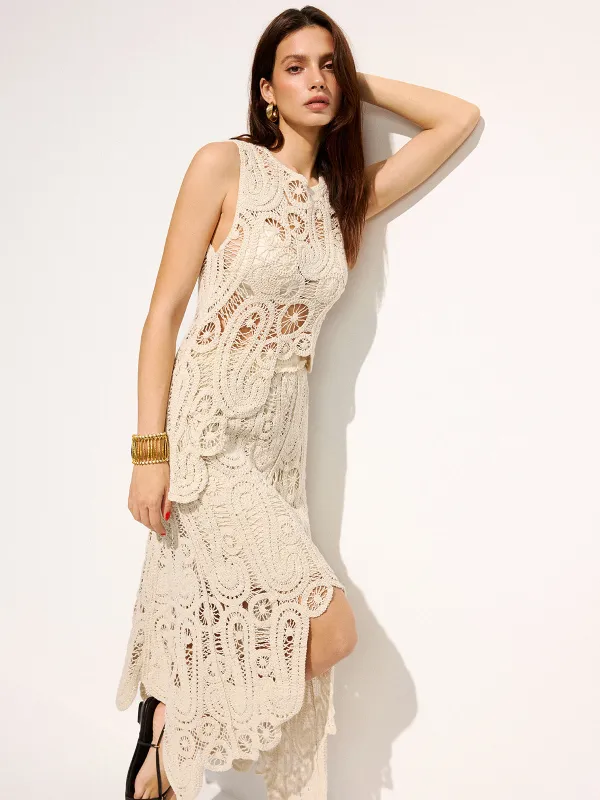 Crochet Lace Sleeveless Top & Midi Skirt Set sold by COMMENSE
