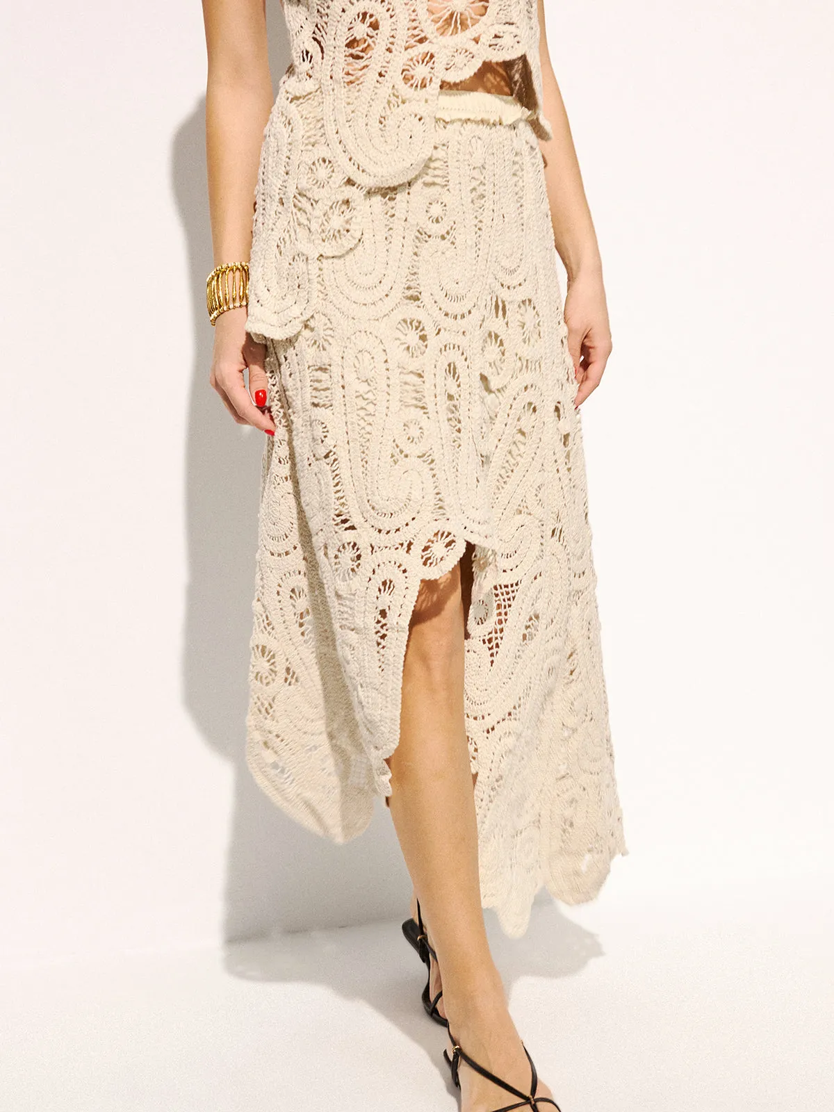 Crochet Lace Sleeveless Top & Midi Skirt Set sold by COMMENSE product image thumbnail 5