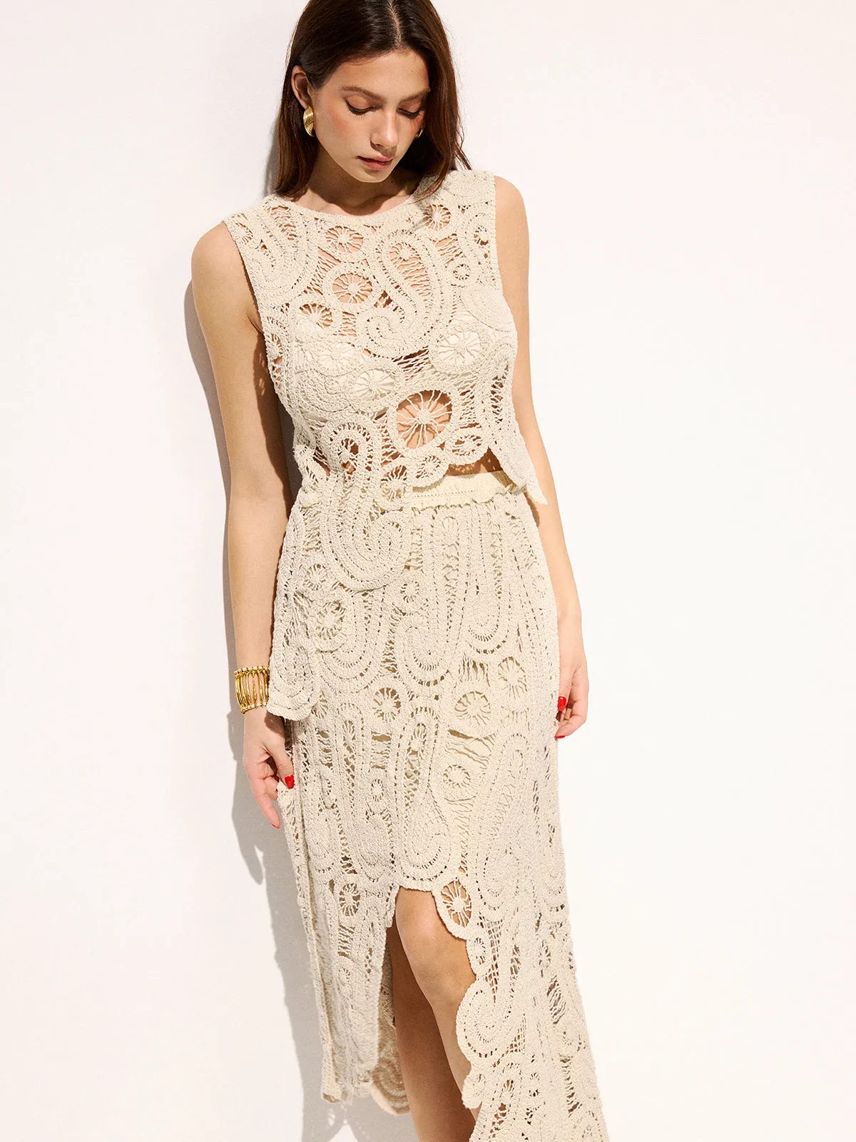 Crochet Lace Sleeveless Top & Midi Skirt Set sold by COMMENSE product image thumbnail 3