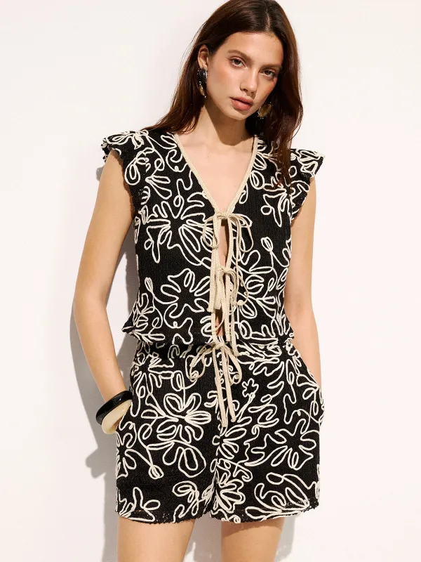 Abstract Floral Tie-Front Top & Shorts Set sold by COMMENSE