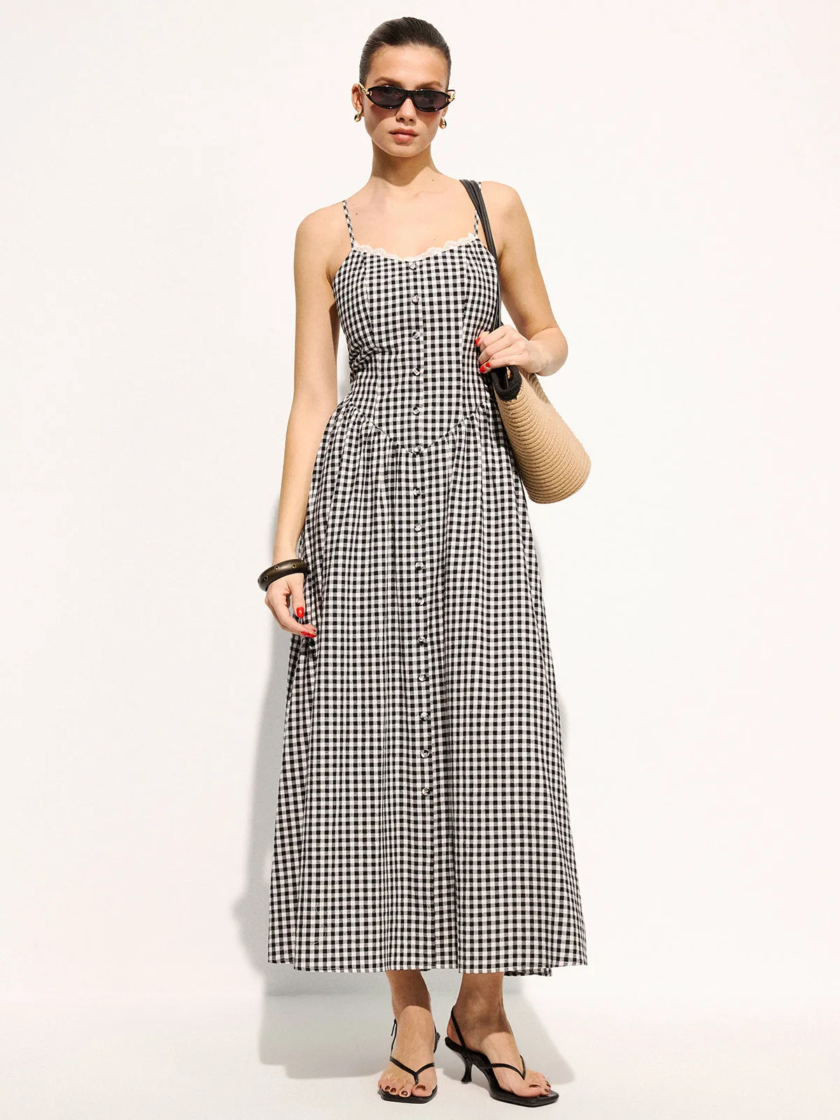 Gingham Cotton Lace Trim Cami Midi Dress sold by COMMENSE product image thumbnail 4