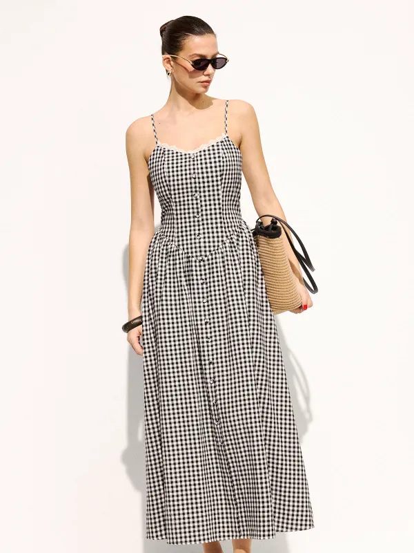Gingham Cotton Lace Trim Cami Midi Dress made by COMMENSE