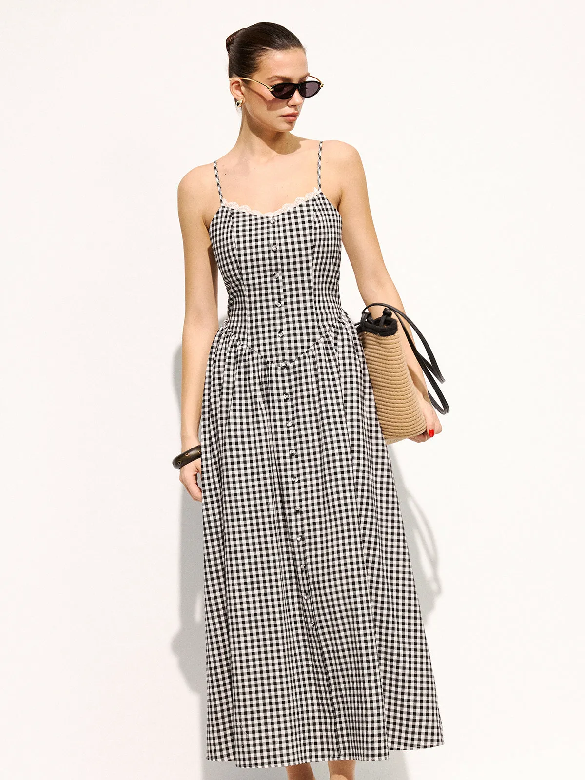 Gingham Cotton Lace Trim Cami Midi Dress sold by COMMENSE