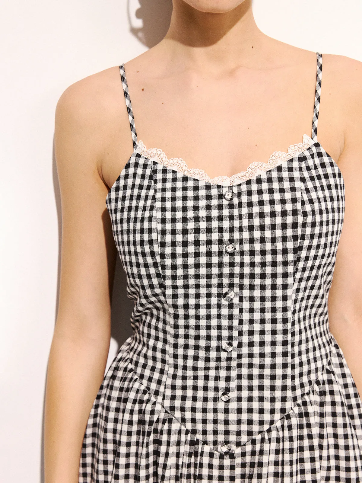 Gingham Cotton Lace Trim Cami Midi Dress sold by COMMENSE product image thumbnail 2