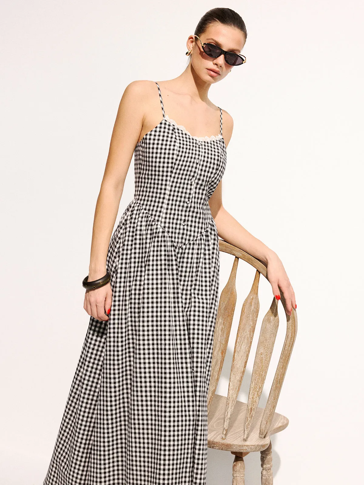 Gingham Cotton Lace Trim Cami Midi Dress sold by COMMENSE product image thumbnail 3