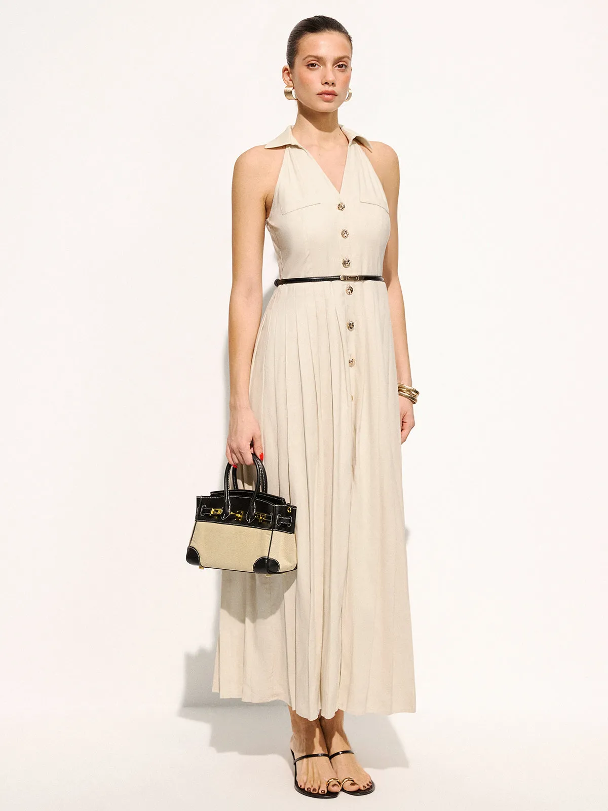 Linen Blend Belted Collared Pleated Maxi Dress sold by COMMENSE