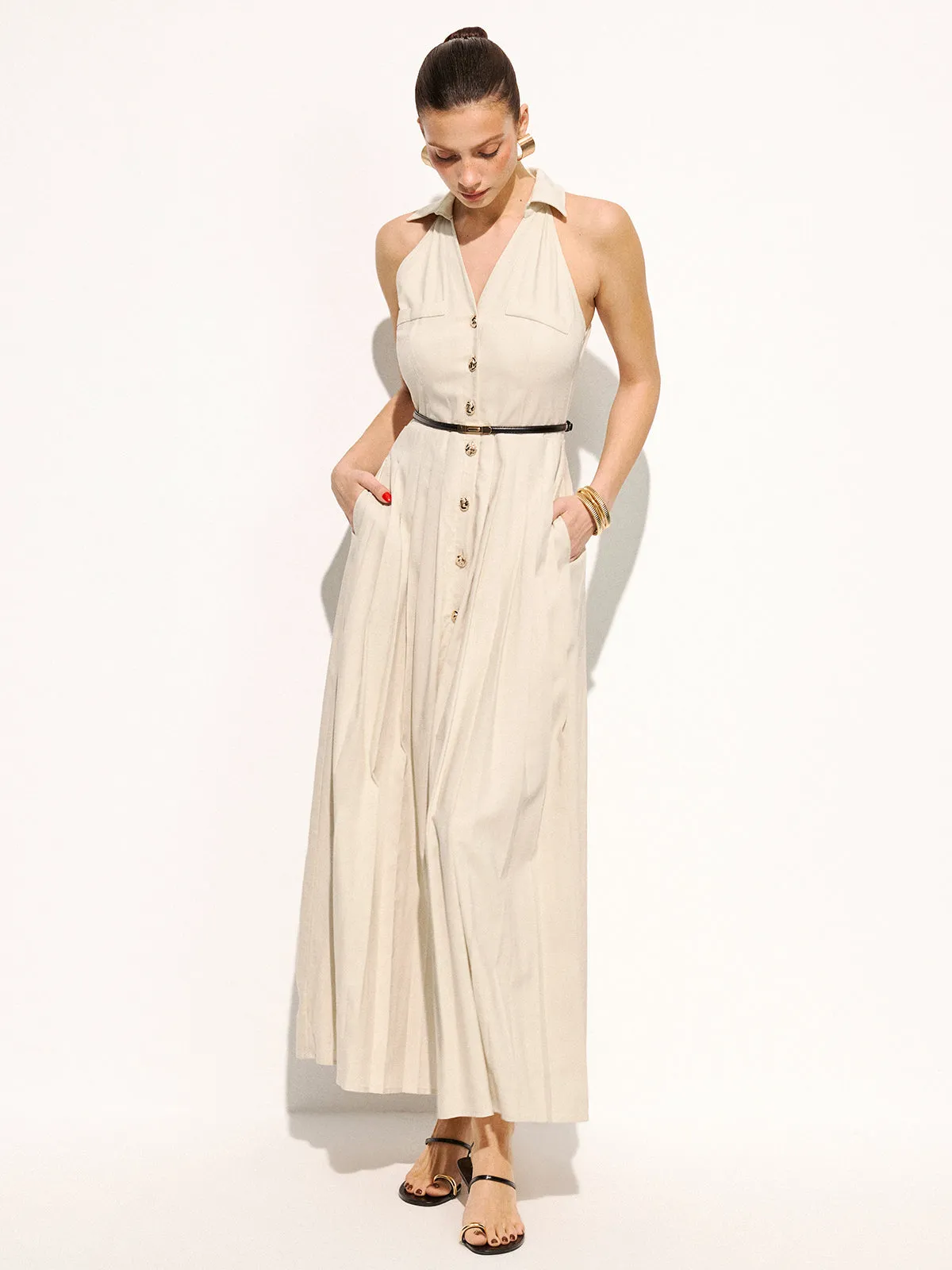 Linen Blend Belted Collared Pleated Maxi Dress sold by COMMENSE product image thumbnail 5