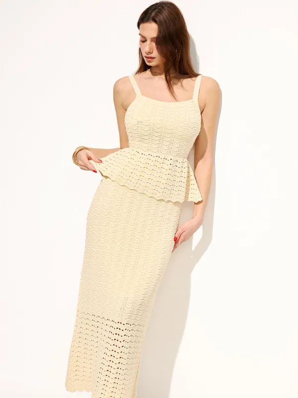 Wave Crochet Peplum Top & Midi Skirt Set sold by COMMENSE