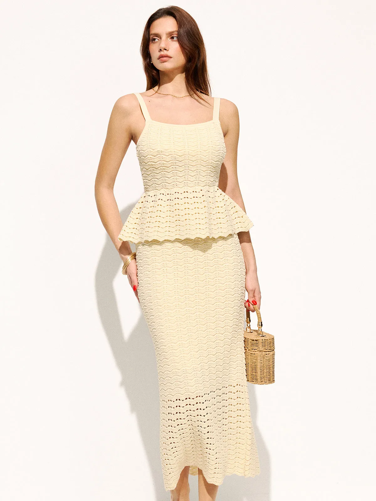 Wave Crochet Peplum Top & Midi Skirt Set sold by COMMENSE product image thumbnail 2