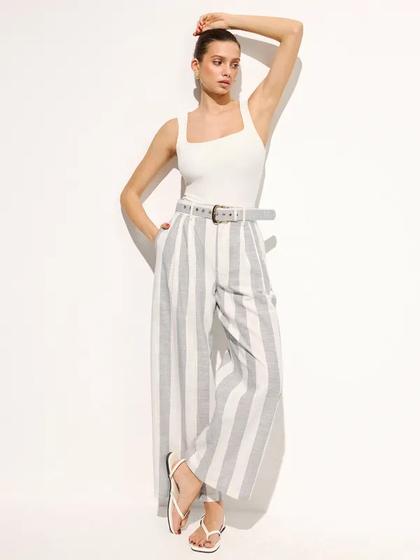Belted Striped Cotton Linen Wide Leg Pants made by COMMENSE
