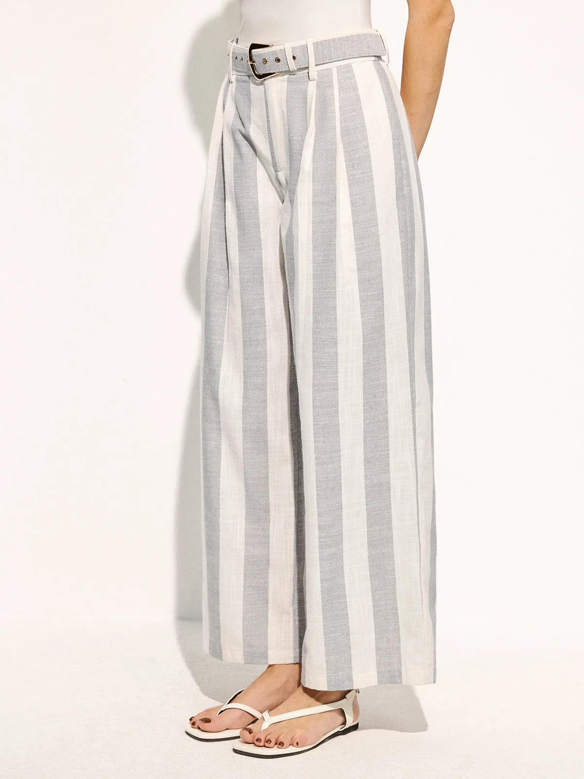 Belted Striped Cotton Linen Wide Leg Pants sold by COMMENSE product image thumbnail 5