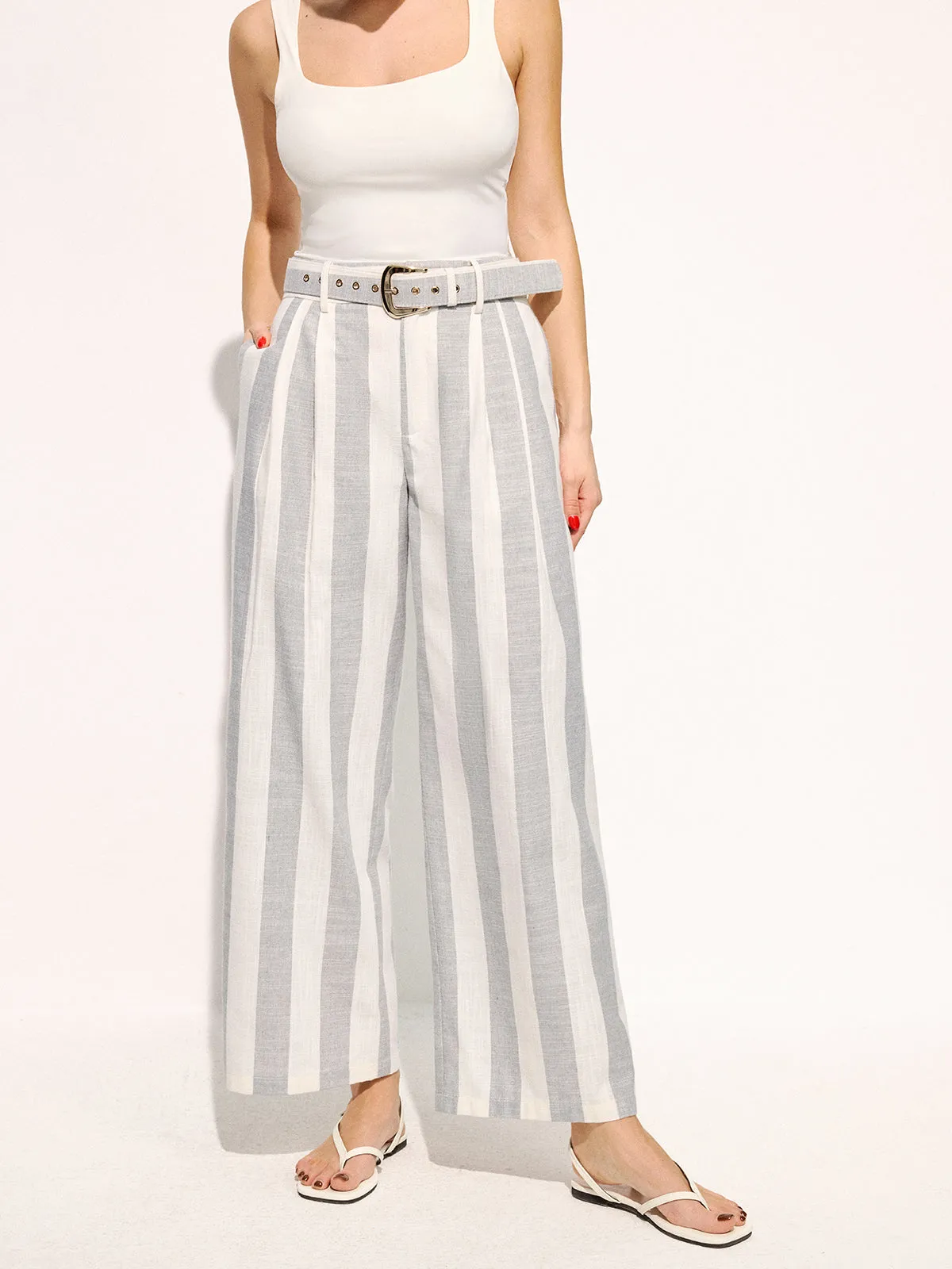 Belted Striped Cotton Linen Wide Leg Pants sold by COMMENSE product image thumbnail 2