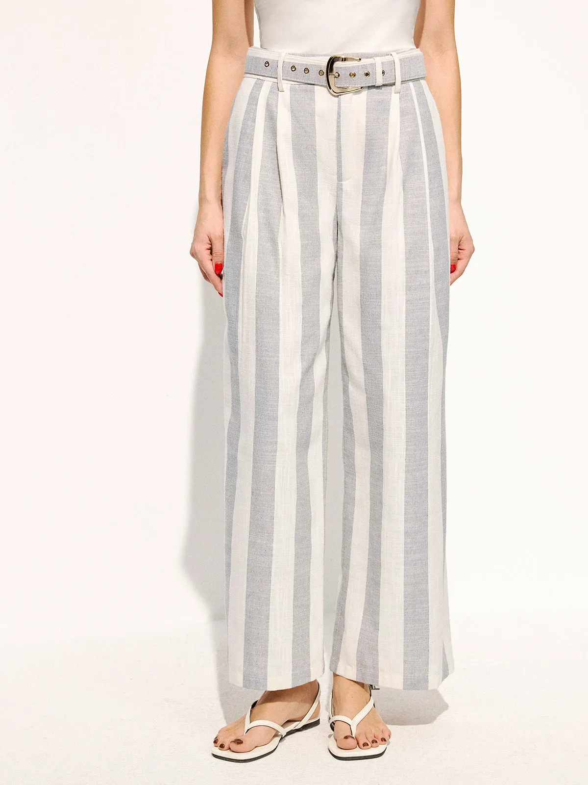 Belted Striped Cotton Linen Wide Leg Pants sold by COMMENSE product image thumbnail 3