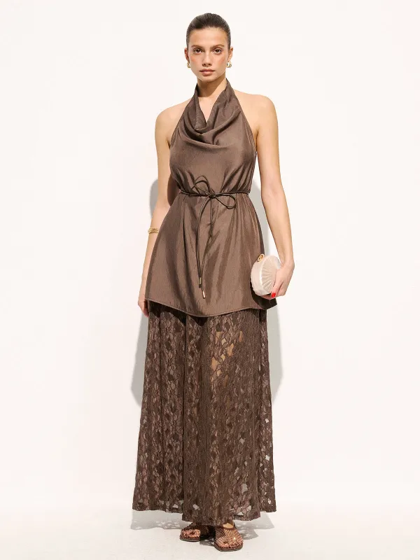 Halter Cowl Neck Top & Lace Maxi Skirt Set sold by COMMENSE
