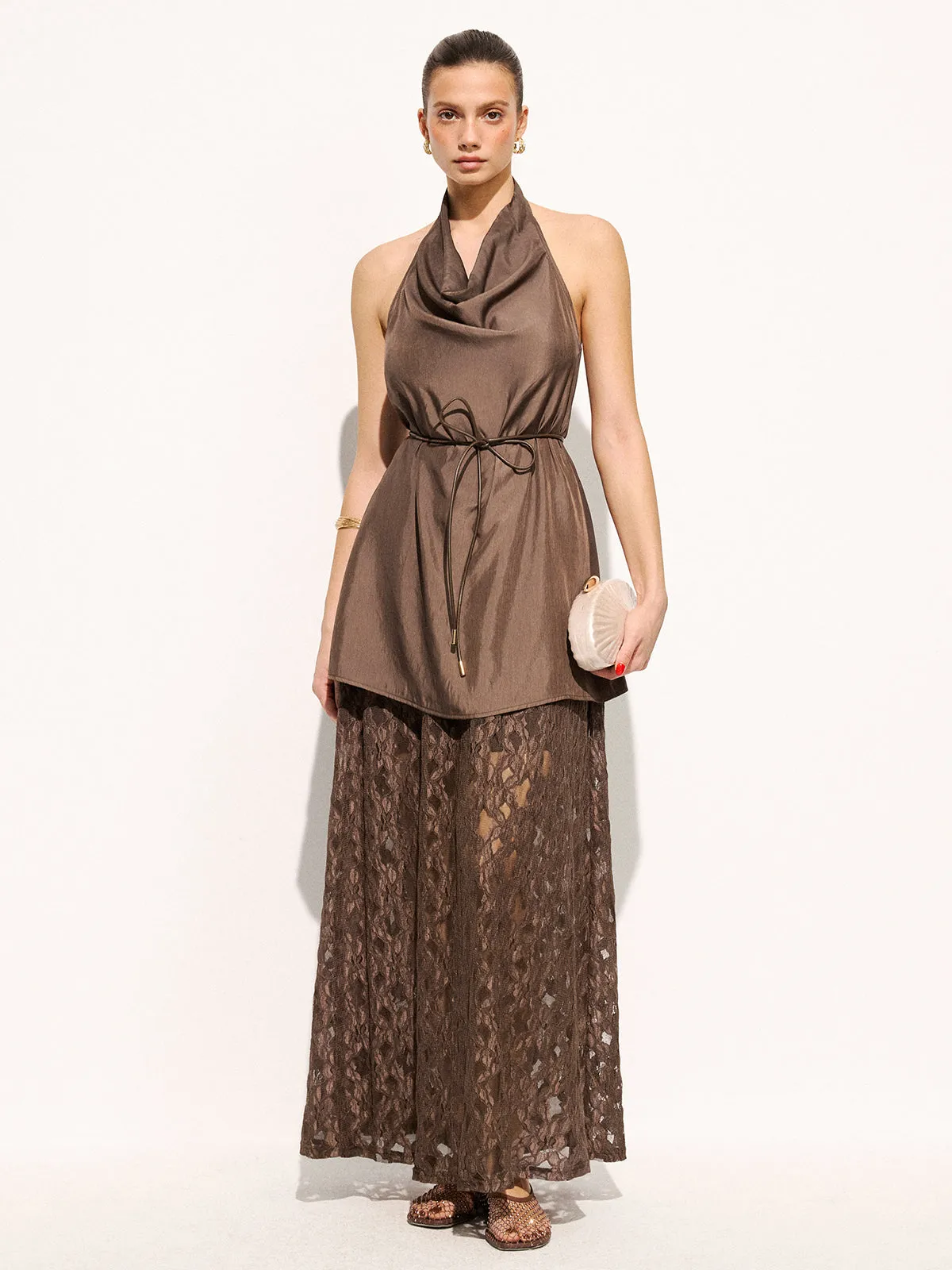 Halter Cowl Neck Top & Lace Maxi Skirt Set sold by COMMENSE