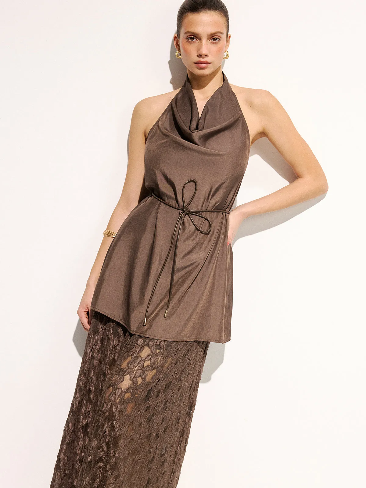 Halter Cowl Neck Top & Lace Maxi Skirt Set sold by COMMENSE product image thumbnail 5