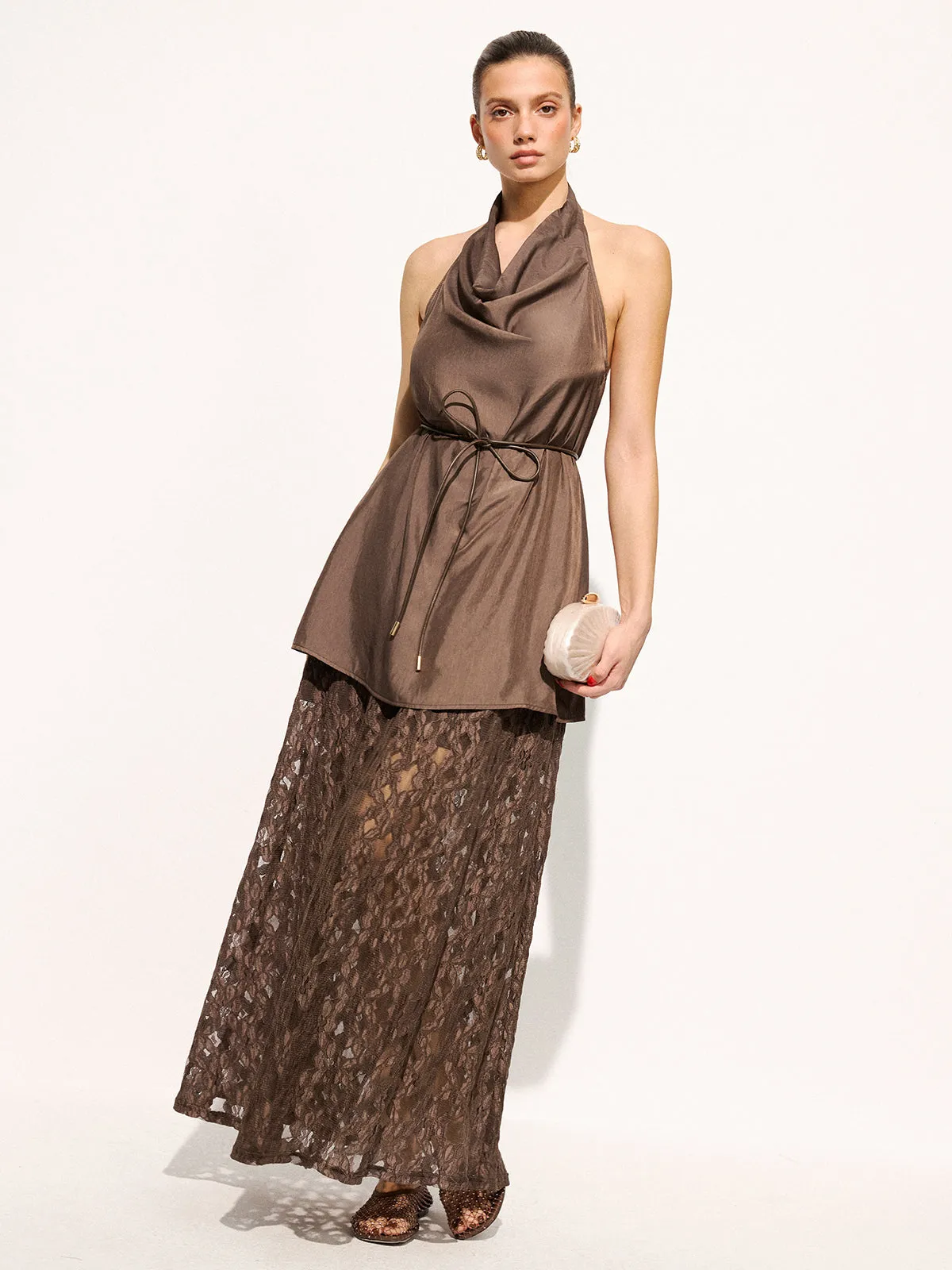 Halter Cowl Neck Top & Lace Maxi Skirt Set sold by COMMENSE product image thumbnail 3