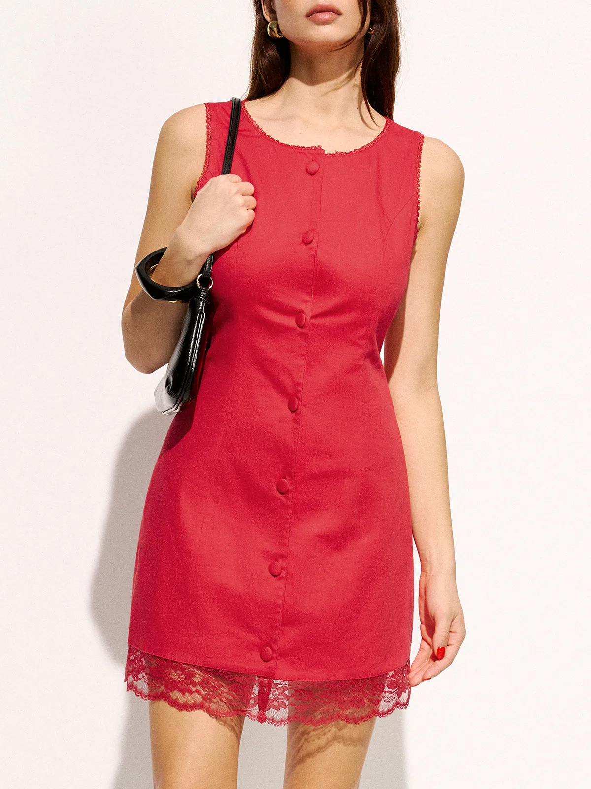 Cotton Button-Front Lace Trim Mini Dress sold by COMMENSE product image thumbnail 2